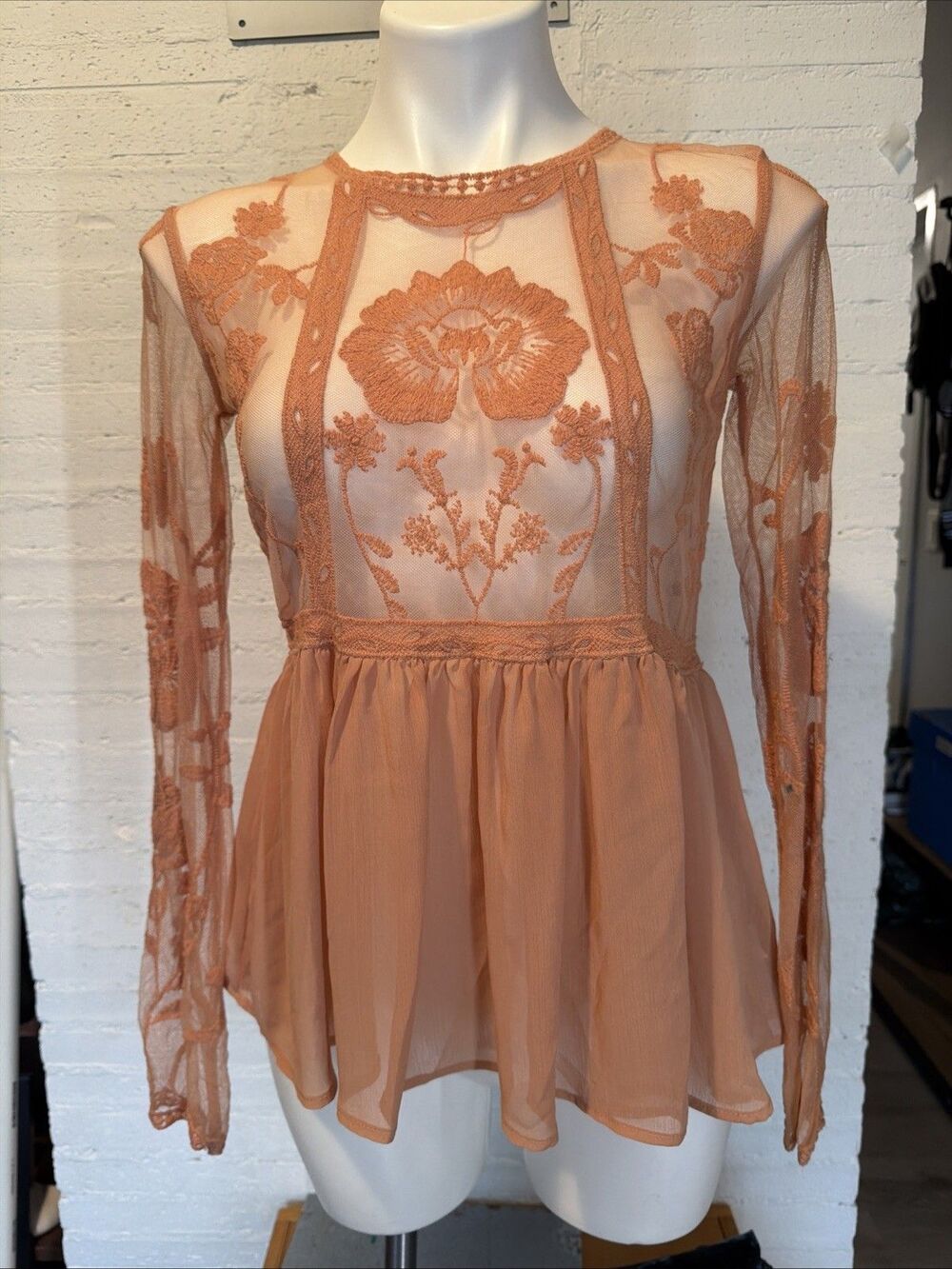 Sheer Embroidered Lace Peplum Top Floral XS Cottagecore Coquette Boho Vintage